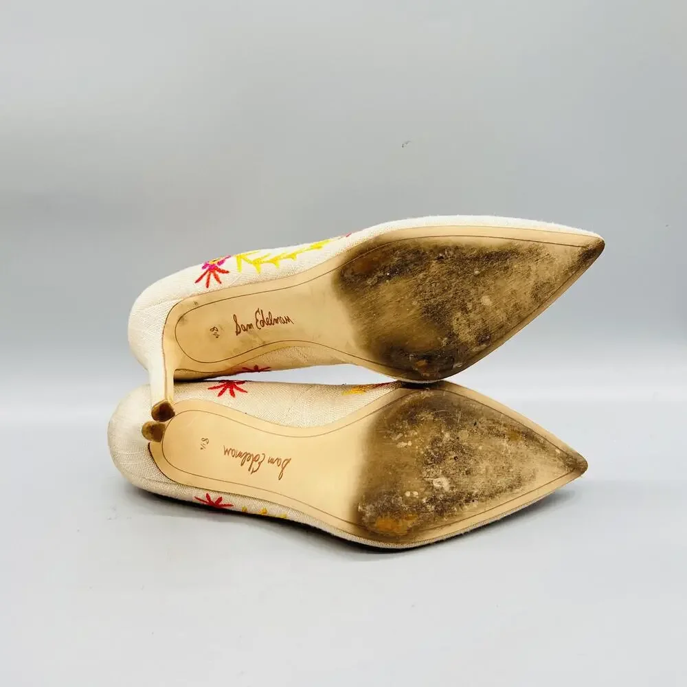 Sam Edelman Shoes Womens 8.5 Beige Hazel Linen Floral Embroidered Stiletto Pumps